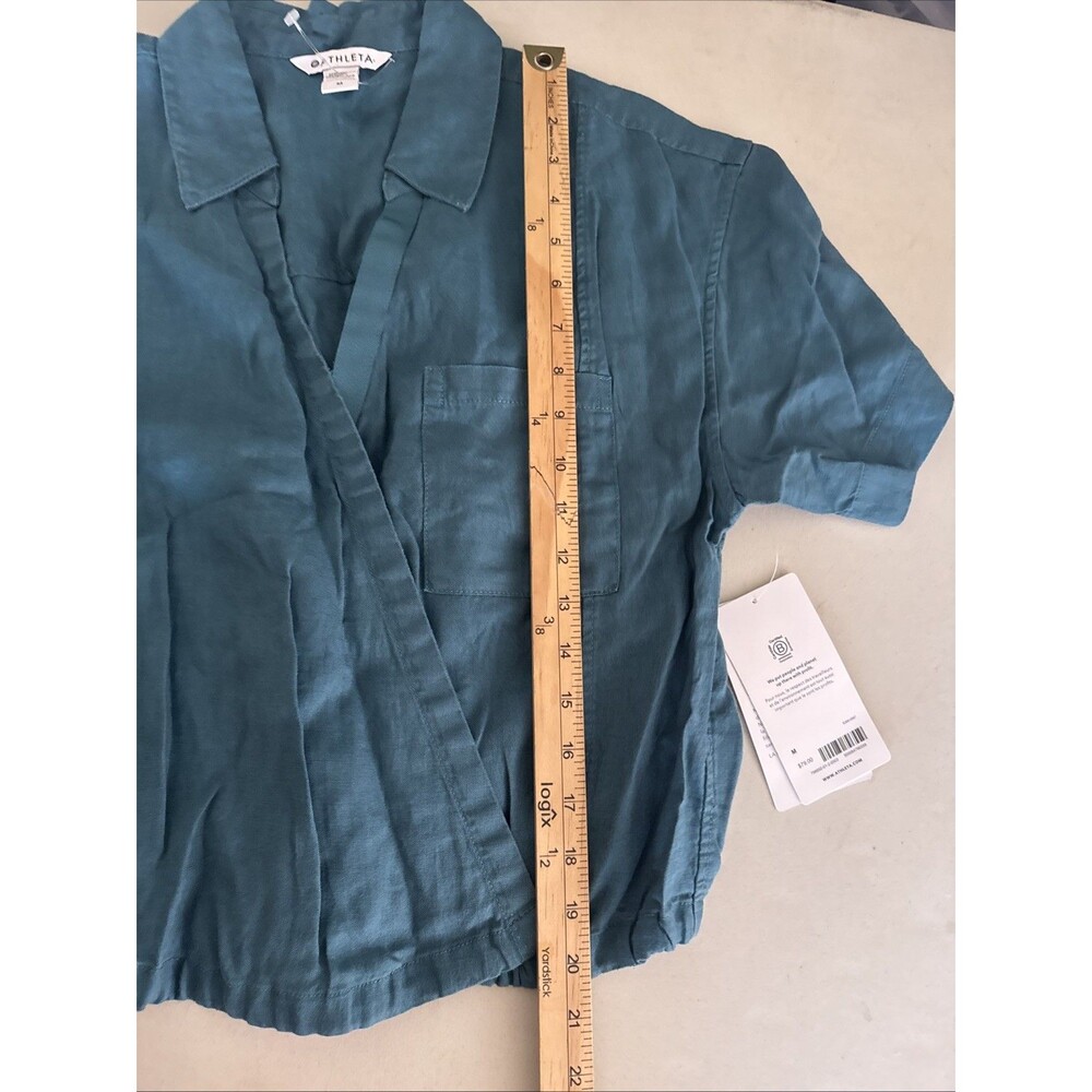 New Athleta 100% Linen Playa Tie Top Size Medium wrap shirt teal Borealis Green - Picture 10 of 12
